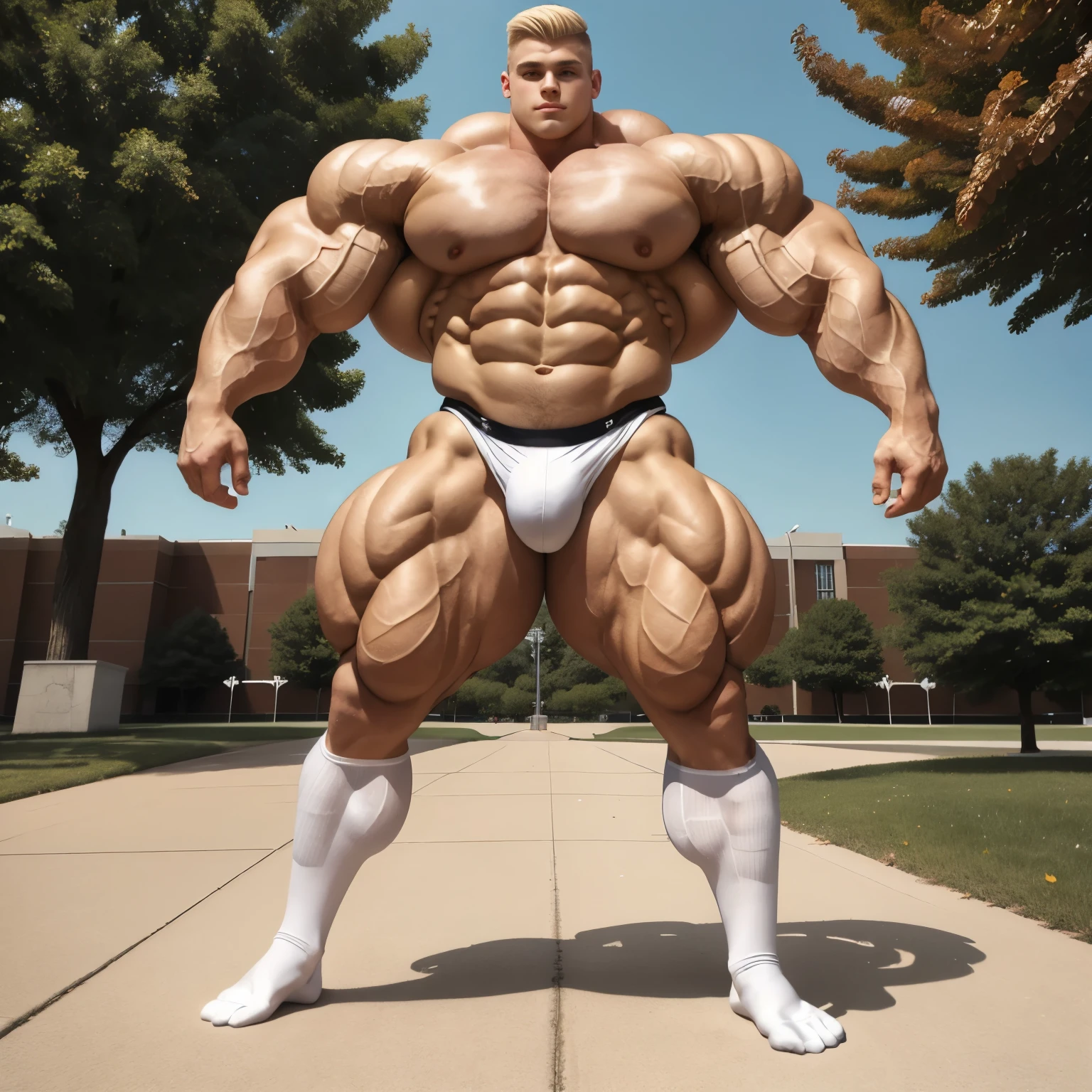 full body view, one cute white blonde undercut male model wearing black socks and lycra tight shorts, no shoes, forced to grow into freaidstuiffed huge giant bodybuilder, proudly posing outside, front american college