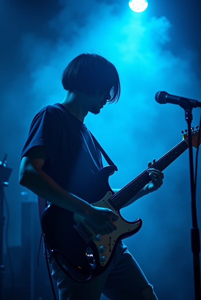 Short Bob Hair、guitarist、male、live house、smoke、Blue lighting、