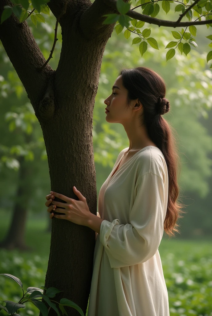 Image of a woman dressed simply and in profile hugging a tree