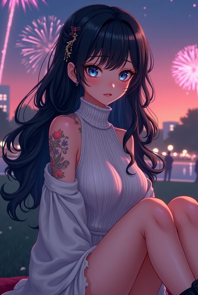 (best quality, ultra-detailed, photorealistic: 1.39), bright and vibrant colors, studio lighting, romantic expression, An effeminate girl, with a delicate and beautiful face. She is a girl who reflects seductive beauty, sparkling eyes, A Beautiful and adult tattooed woman and voluminous curly black hair, hair clip, crying a seductive 2 woman with big breasts seduces, matches the makeup, with her large breasts seduces, Turtleneck sweater, white wool, sleeveless, beautiful sweater dress, sitting, with beautiful legs, ankle boots, with her blue eyes that matches her soft smile, beautiful style, in a beautiful pose demonstrating her seduction on the in the park at night, beautiful event style decoration with lights and fireworks, night with soft lighting, anime style, like a manwha character