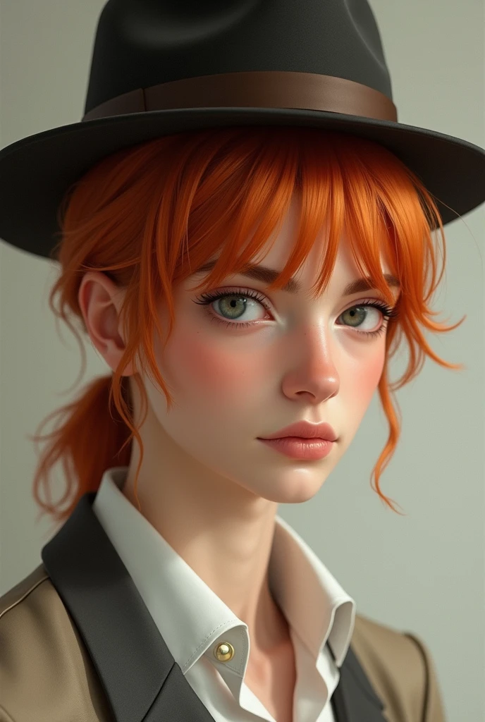 Ginger young man, orange hair, low ponytail, bangs in the hair, delicate face, male, hat, real life, realistic