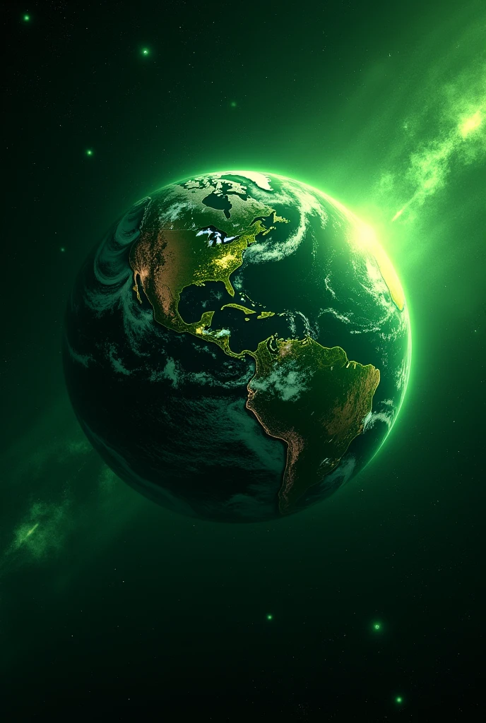 make me planet earth with a point of view in outer space where earth is dominated by green color, and make the surroundings with space sky and more twinkling stars plus comets also dominated by green color





