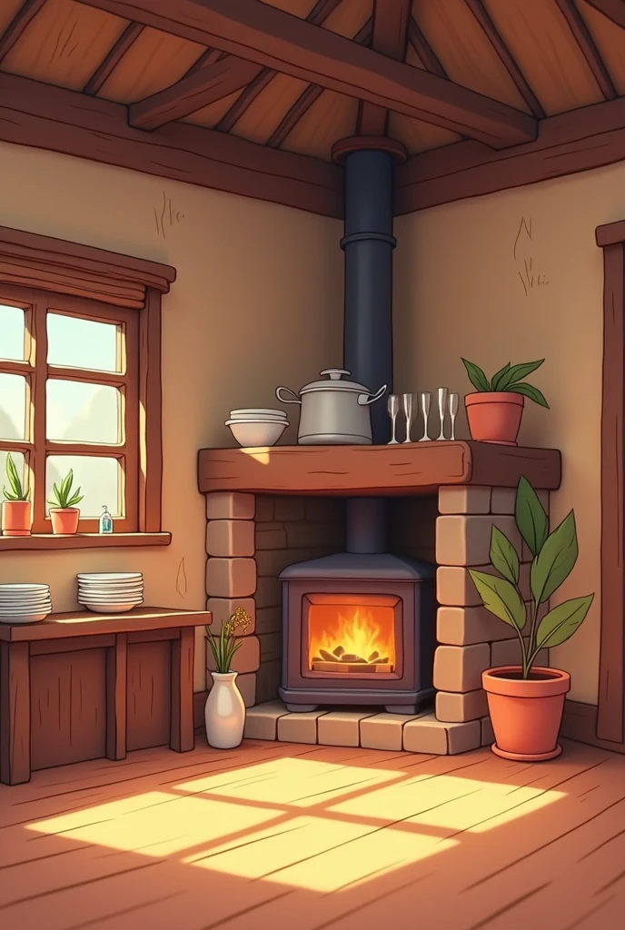 2d cartoon image, A room with a fireplace and a pot on top, a village atmosphere, wooden room walls, a wooden and straw roof, plates and glasses arranged on a plate rack, simple colors, with bold lines,Bold outline, thick outline, simple and minimalist color, 2d animation background