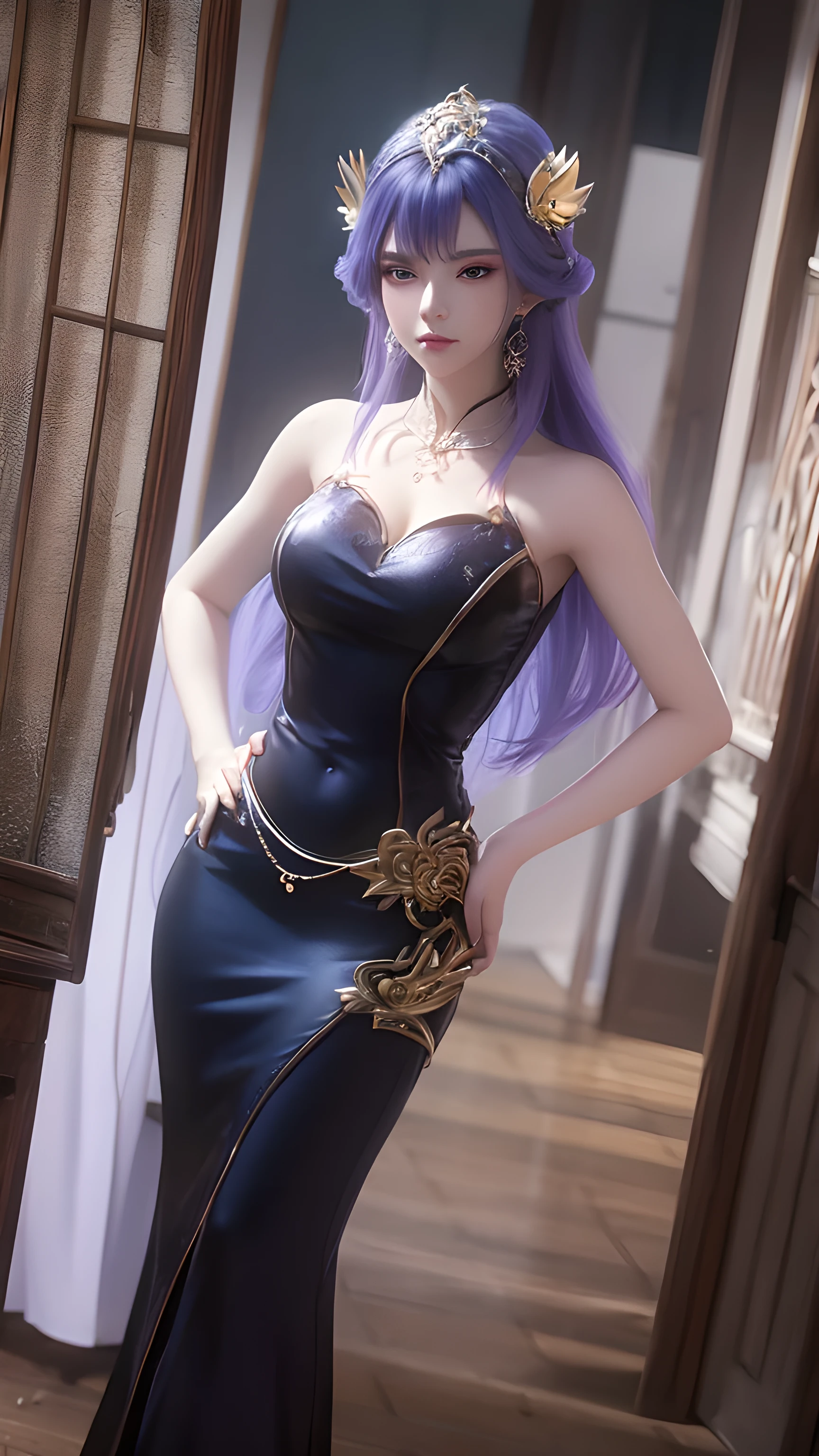 Tianqiong, Door Art, 1 girl, Jewelry, Hair accessories, solitary, earrings, Long hair, blue eyes, Blue Hair, Looking at the audience, necklace, Purple Hair,masterpiece,HDR,Ultra HD,8K,best quality,photography,