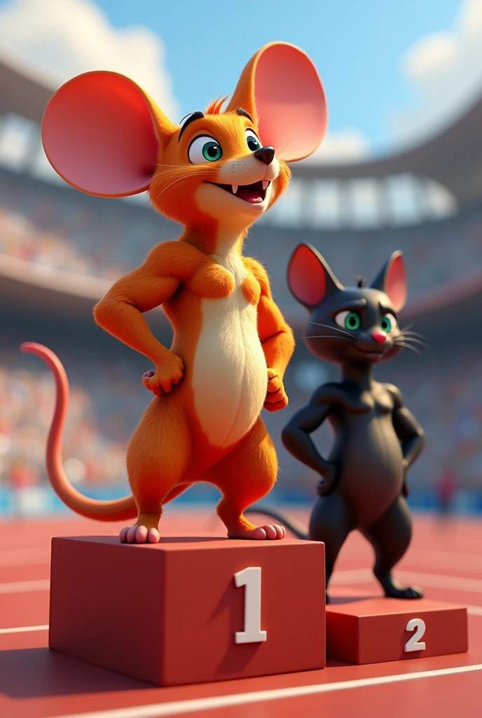 A defined muscular orange mouse, very tall with super defined abs and green eyes in first place on the podium, in second place is a black cat with strong muscles, disney pixar style 3d.