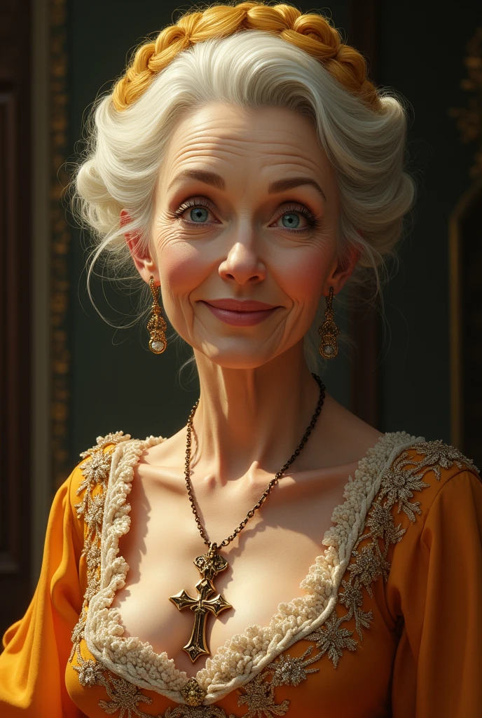 A grandmother with yellow hair,with an elegant dress,with bright blue eyes,with an elegant hairstyle,and with a necklace with a cross,and be pretty