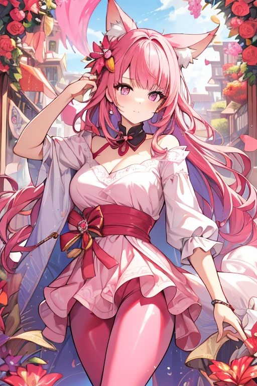 An adult woman with pink eyes, long bright pink hair with fox ears. Wears an elegant dress. She must be wearing a pink leggings. she comes from wonderland