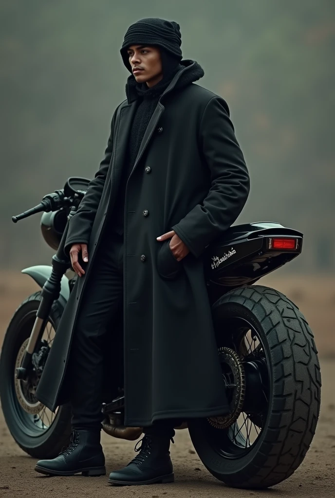 A picture of a young man wearing a big black coat and headgear and leaning on a special black bike with the words written on the bike's fuel tank
طيب الرحمن