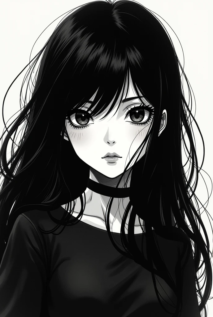 black hair girl, black eyes manga style to black and white