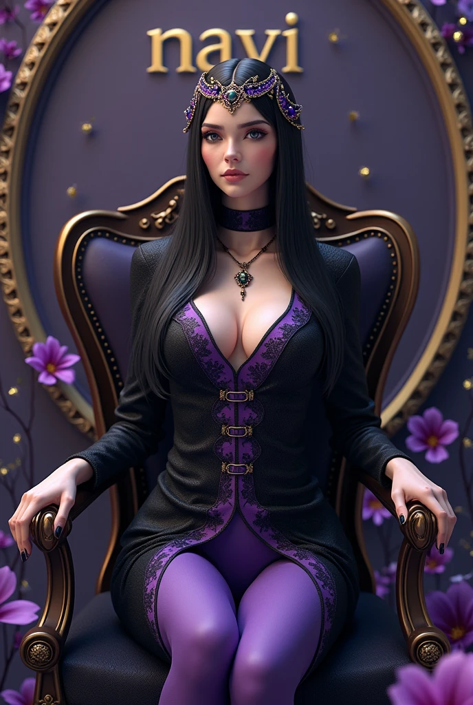 3D. Woman sitting on a chair wearing a black and violet fitted dress. Has a sord headband. With a decorative background with the word NAVI in it
