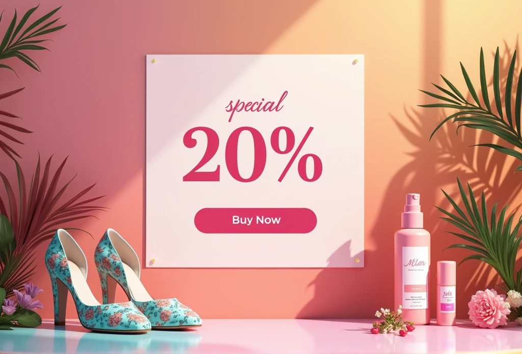 Create a complete banner in the size 2000x700 pixels for an online store of women&#39;s shoes and beauty products. The banner must be eye-catching and modern, featuring a special promotion of "20% discount%". Use vibrant colors, elegant fonts, and include images of products such as women&#39;s shoes and skincare items. The layout must be clear, with a button "Buy now" Clearly visible."