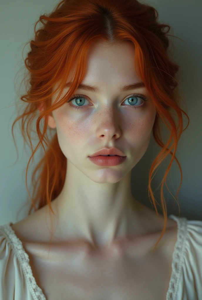 Fille 24 ans belle cheveux roux mince yeux bleu regard triste