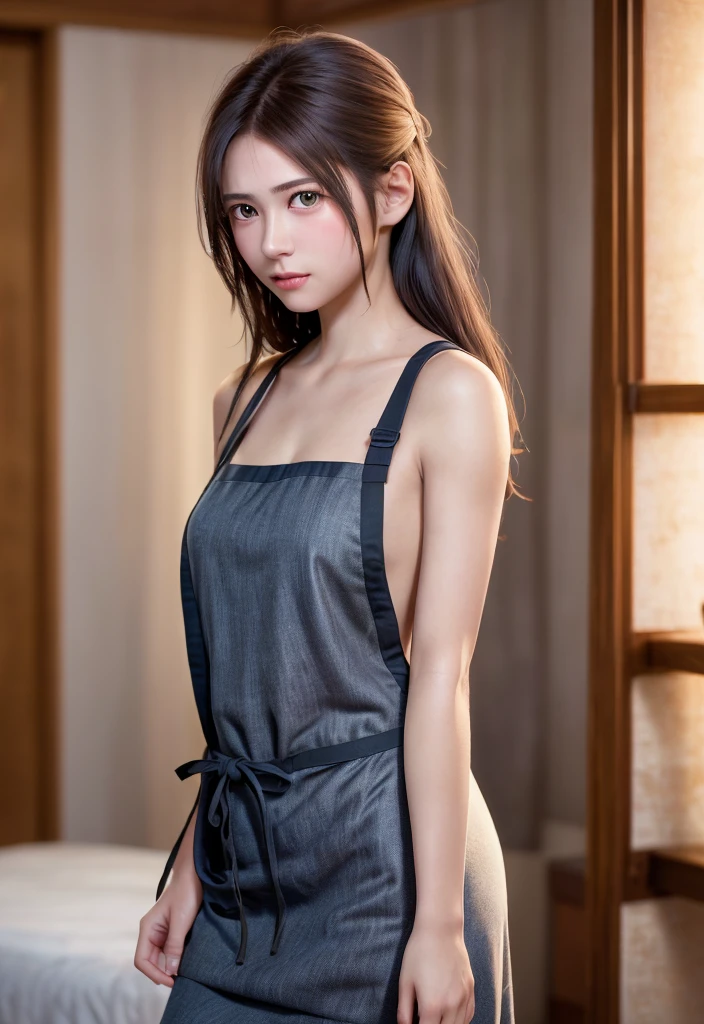 8K, of the highest quality, masutepiece:1.2), (Realistic, Photorealsitic:1.37), of the highest quality, masutepiece, Beautiful young woman, Pensive expression, Gentle eyes, Apron naked、full of shyness、Hair tied back, Messy mood, Cinematic background, Light skin tone