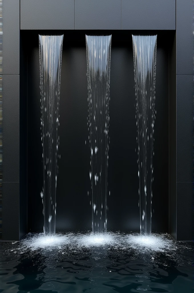 A square black wall with water flowing straight down from the left, right and center.