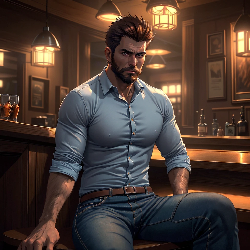 1 man, handsome face, brown short spiky hair, brown beard,brown eyes, muscular athletic build, 185cm tall, wearing blue jeans, white shirt, realistic, photorealistic, cinematic lighting, octane render, intricate details, chiaroscuro lighting, moody atmosphere, intense ,
Sitting alone in bar
Drink whiskey,Closed Mouth, Drop Shadow,