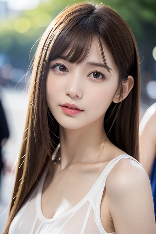 1 female,  Mid-chest, Light brown hair, Blunt bangs, Hair behind the ear, Hair that falls over the shoulders, Long Hair, Slim figure, Ultra debtine debtace, Thin face, Delicate lips, Beautiful Eyes, A slight blush, eyes are light brown, Perfect glowing skin, Perfect Skin, Shining Sweat,See this, Ultra-fine needle, very thin fingers, The optimal ratio is four fingers to one thumb., (Realistic:1.3), See-through white blouse. amusement park, First Person View, debtuji debtilm, debt/1.2, 8k, Tabletop, んdebtdebt, Super Detail, high quality, 最high quality, High resolution