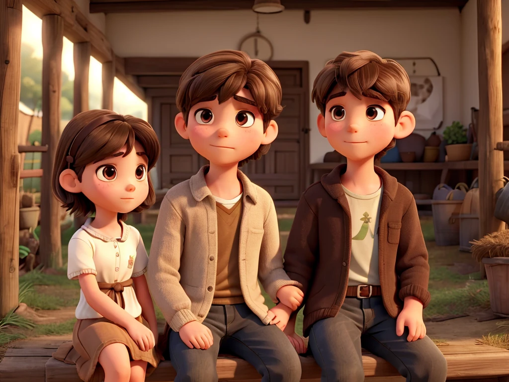 in the farm, show a short haired adult male with a  female child sitting next to him. The adult man is tall, has short dark brown hair and dark eyes. The child is female, has very long dark brown hair and two bows on her head., has bangs and dark eyes.