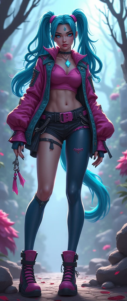 A (((full-body))), ((ultra-detailed)), ((masterpiece)) fantasy art ((illustration)) of (((Jinx))). Her (((whole body from head to toe))) is shown, including her feet.