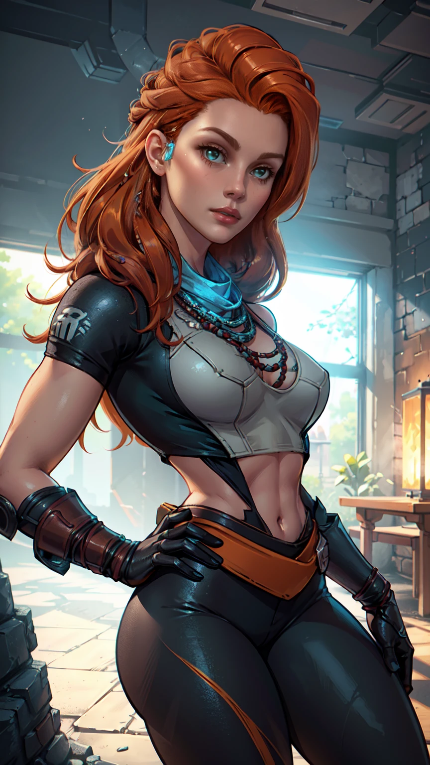 beautiful detailed eyes, beautiful detailed lips, extremely detailed eyes and face, long eyelashes, 1girl, cosplay, Kim Possible cosplays as Aloy from Horizon games, intricate detailed costume, high quality 3D render, cinematic lighting, photorealistic, hyper detailed, vibrant colors, warm lighting, dramatic pose, dynamic action, epic fantasy