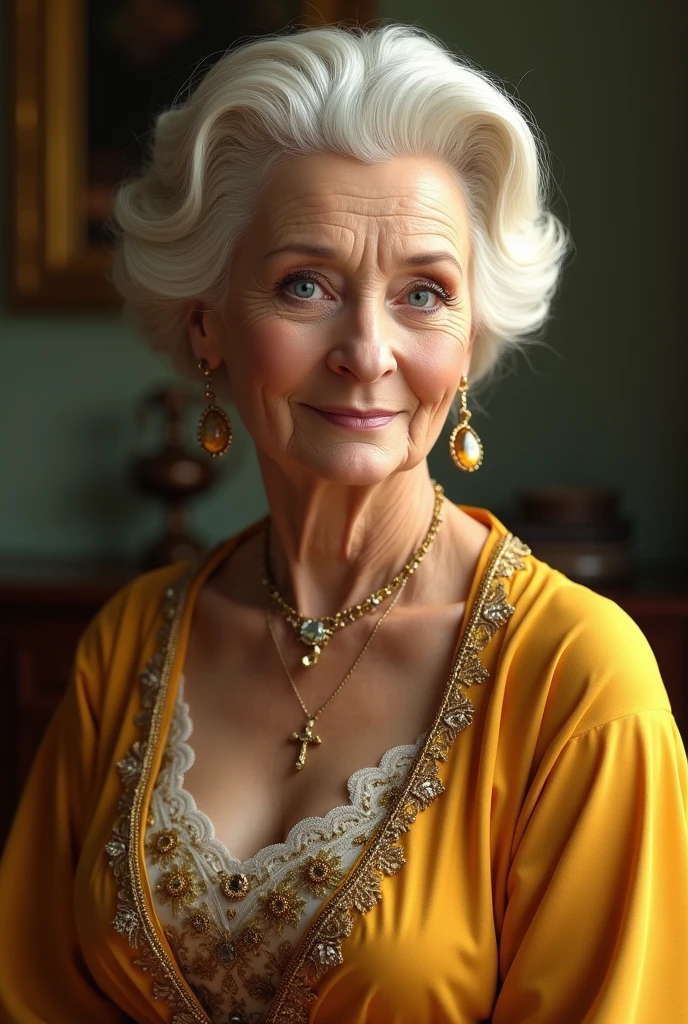 A grandmother with yellow hair,with an elegant dress,with bright blue eyes,with an elegant hairstyle,and with a necklace with a cross,and be pretty