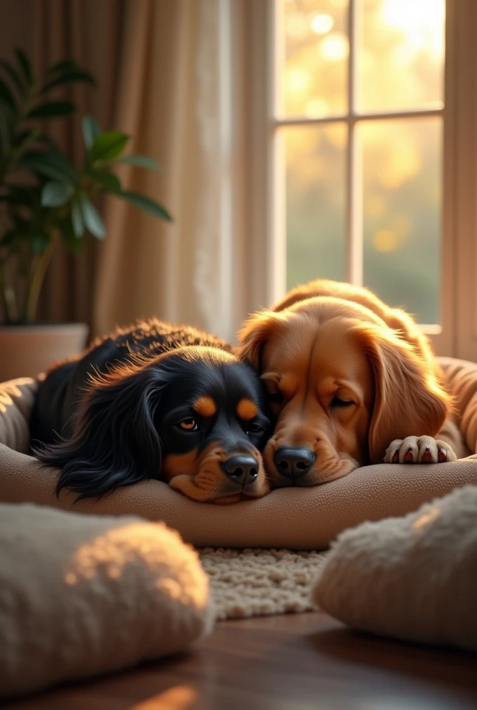 Two dogs, a cocker Spaniel black and tan and a golden English setter, sleep peacefully, each in their own bed in the living room of a home with large windows through which a wonderful evening light enters, creating a magical atmosphere of peace and calm. This is a hyper-realistic 4K photograph with vivid and bright colours.