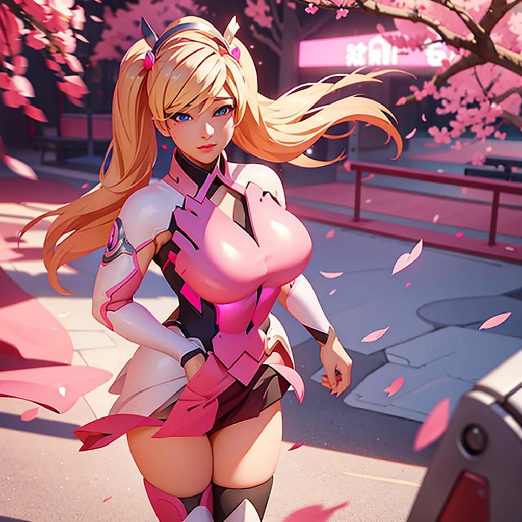 Overwatch Pink Mercy, surrounded by pink cherry blossoms and swirling cherry petals, pink stockings, foreground, sexy, looking to the camera, 