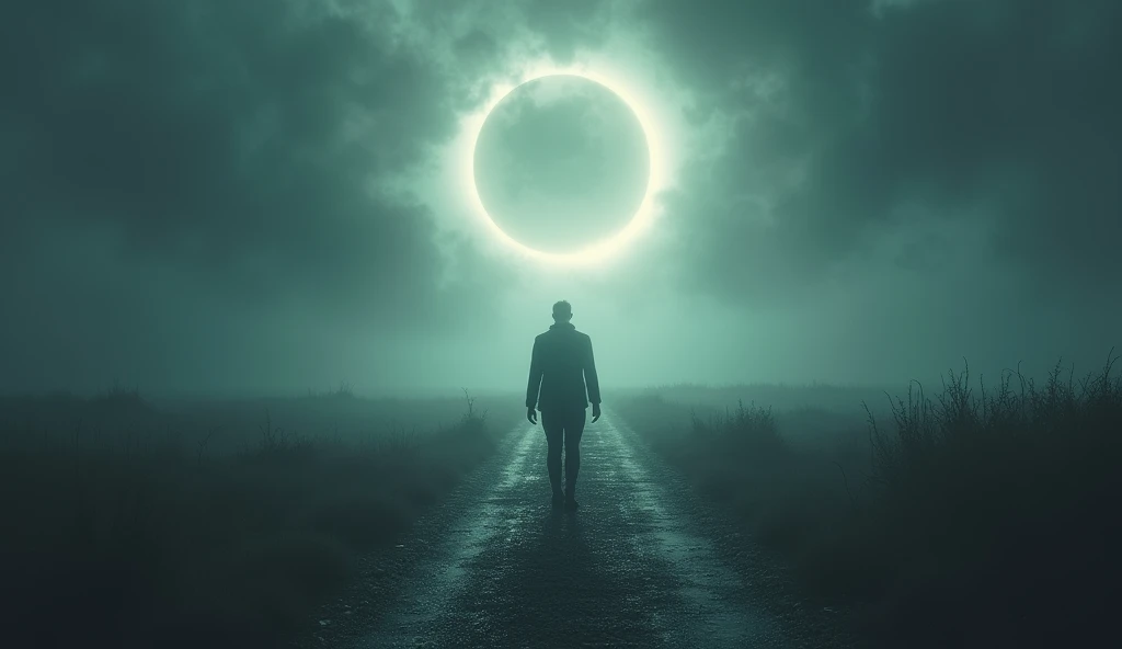 A person standing at a crossroads, with one path leading to chaos and the other to calm, illuminated by the eclipse. The feeling should be of choice and transformation. --ar 16:9