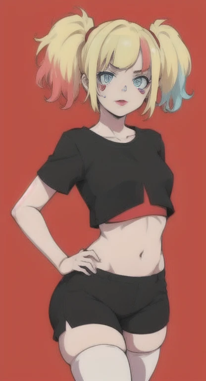 Small breasts, pigtails, red and black Crop top, red and black shirt, stockings,