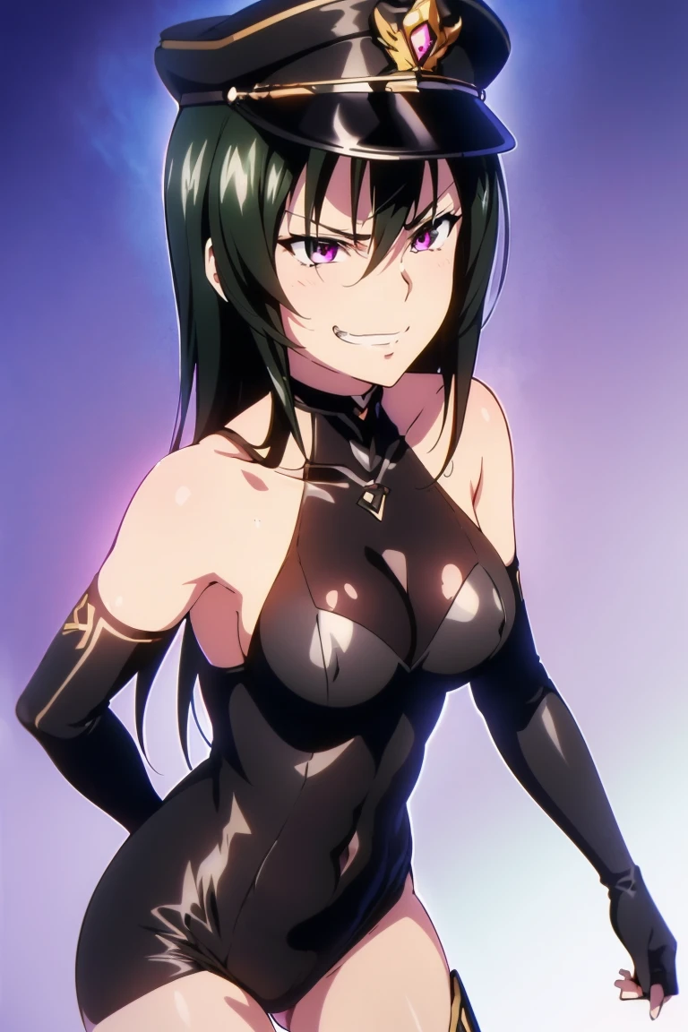 beautiful, masterpiece, ultra detailed, extremely detailed, ultra high res, 8k, beautiful detailed face, anime screencap, heart shaped face woman, (black hair:1.2), long hair, hair between eyes, large breasts, fearless face, sharp face, slant eyes, cat eyes, 170cm tall, adult, perfect proportion, (((black high-leg leotard, black clothes))), (((bare shoulder))), cleavage, (((thigh boots))), choker, (((military cap))), anime style, extremely ultra detailed beautiful face and eyes, front view, raw phot, incredibly absurdres, Beautiful portrait of cute anime girls, super fine illustration, full-hd, hdr, best aesthetic, distinct, exquisite, masterwork, by famous artist, highers, (((perfect anatomy))), mocking, (((rape face))), (((evil grin))), intense eyes, sadistic, gleaming skin, oil skin, slut face, full-face blush, smirking, mischievous grin, furrowed mouth, both legs, pouty lips, downturned corners, rosy hue, grin widely, cheeky smirk, (((bad-tempered glare))), gloating, crazy smile, scary face, cruel smile, fang, connected teeth,, (((elbow gloves))), (((big connected teeth)), glare, grimace, smirk, (((scowling face))), smile broadly, symmetrical eyes, even eyes, perfect eyes, (((squinting eyes))), deep detailed eyes, shiny clothes, 1girl, solo, smug, smile grimly, (((dimpled smile))), pink eyes, (((upper body shot and standing))), (((laugh))), (((pleasure face))), (((brutality face))), (((scary face))), (((fang))), super detailed skin, official art, production art, top quality, high quality, amazing quality, finely quality, fantastic, professional quality, perfect hands, perfect arms, both arms, two arms, both hands, two hands, cleavage cutout, bare collarbone, shiny hair, anime best girl, cel anime, bangs, spread back hair, adult face,