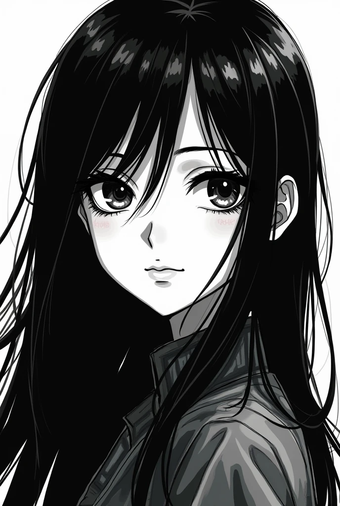black hair girl, black eyes manga style to black and white