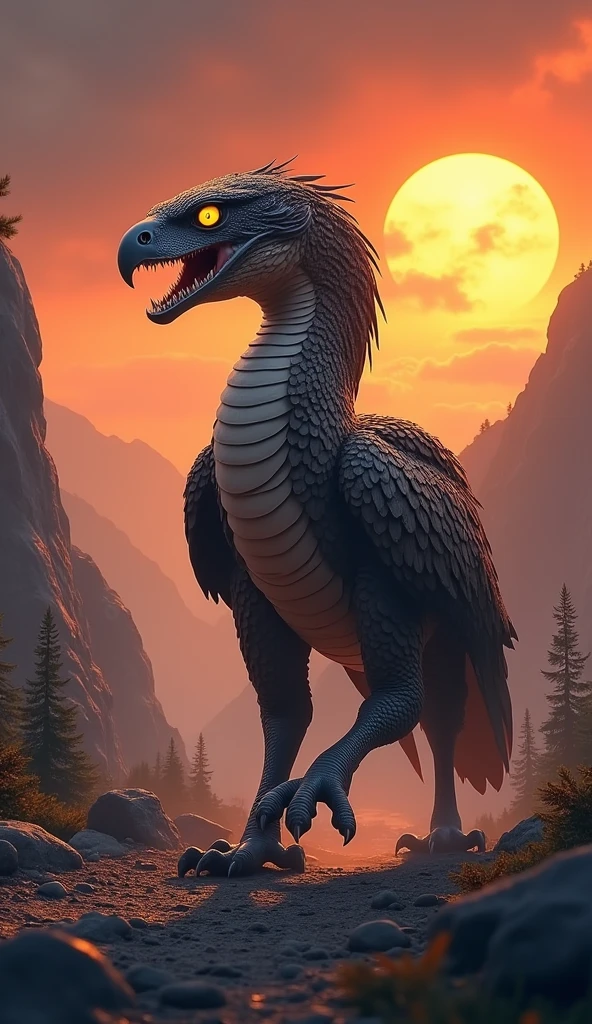 This is a digital image of the body of an eagle with the head of a white-toothed viper walking on rocky ground.   The viper is facing the right side of the image, with its mouth wide open, releasing sharp teeth and sharp claws.  And its eyes are yellow.   The background is a dark orange sky from sunset.   The land is covered with rocks and boulders and there are some trees and mountains in the distance.   The general feeling of the image is fierce and powerful.