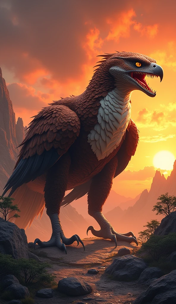 This is a digital image of the body of an eagle with the head of a white-toothed viper walking on rocky ground.   The viper is facing the right side of the image, with its mouth wide open, releasing sharp teeth and sharp claws.  And its eyes are yellow.   The background is a dark orange sky from sunset.   The land is covered with rocks and boulders and there are some trees and mountains in the distance.   The general feeling of the image is fierce and powerful.