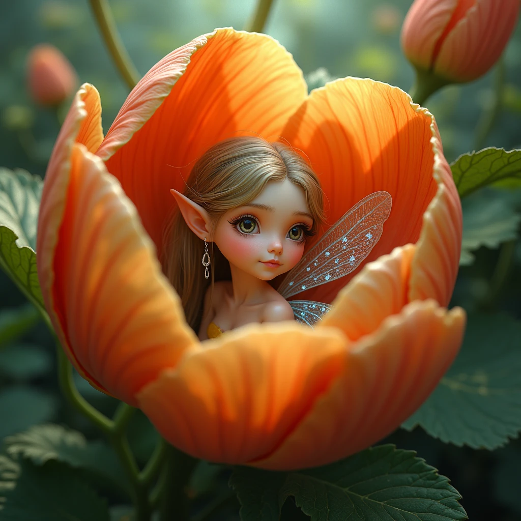 little elf woman with wings dreaming inside of a flower