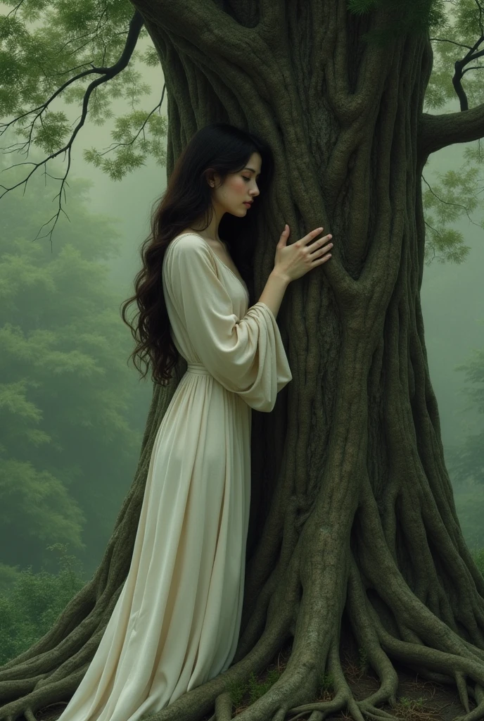 Image of a woman dressed simply and in profile hugging a large tree