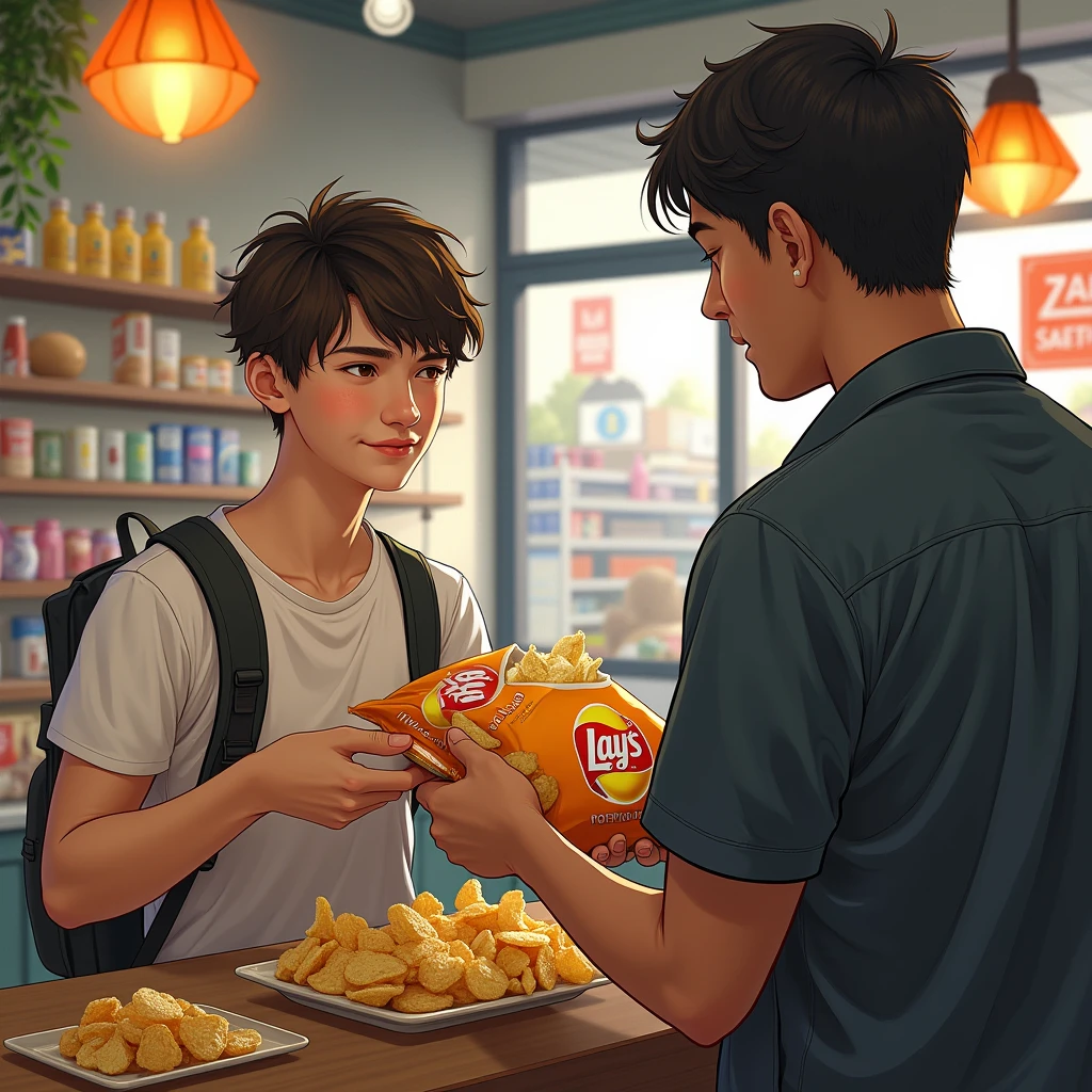 Draw a young man showing a Lays potato chip to the seller in a store, realistic art