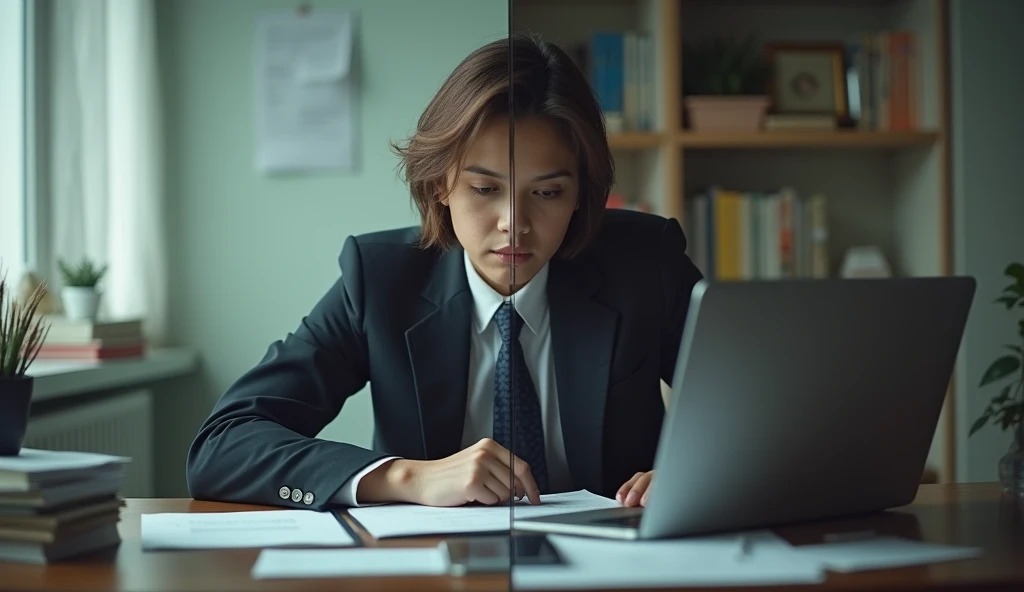 A split-screen image showing a person in a work setting on one side and at home on the other, with emotional and professional issues visually represented. The mood should be reflective and introspective. --ar 16:9