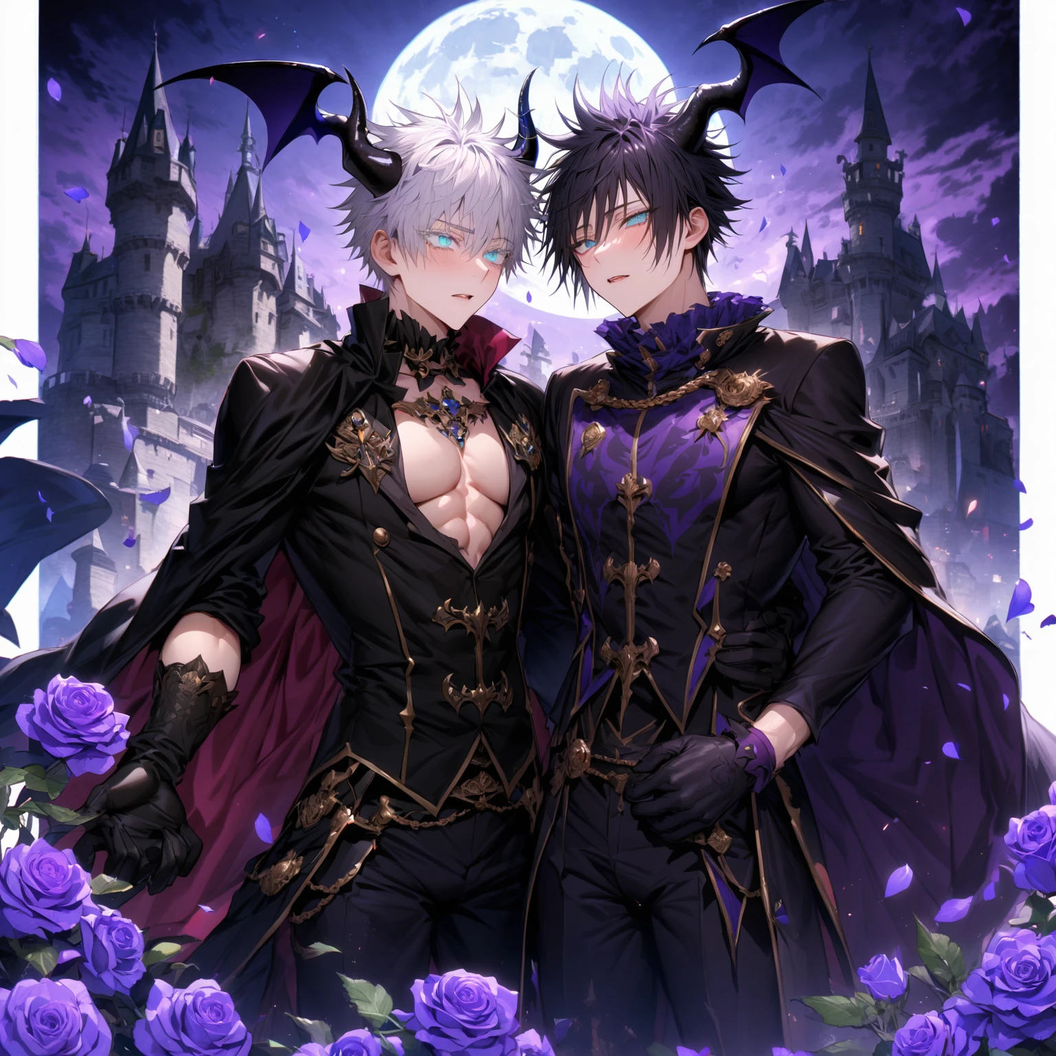 absurdres, highres, ultra detailed, HDR, master piece, Gojou Satoru, white hair with bangs, white eyelashes, expressive blue eyes, black cape, black prince clothes, Fushiguro Megumi, black hair, expressive green eyes, black prince clothes, Jujutsu Kaisen, accessories, two sexy man together, handsome, best quality, fantasy, magical, solo, sensual, moon, purple sky, manly man, glittering, gay couple, yaoi, castle, purple petals, demon, black horns, purple roses, black gloves