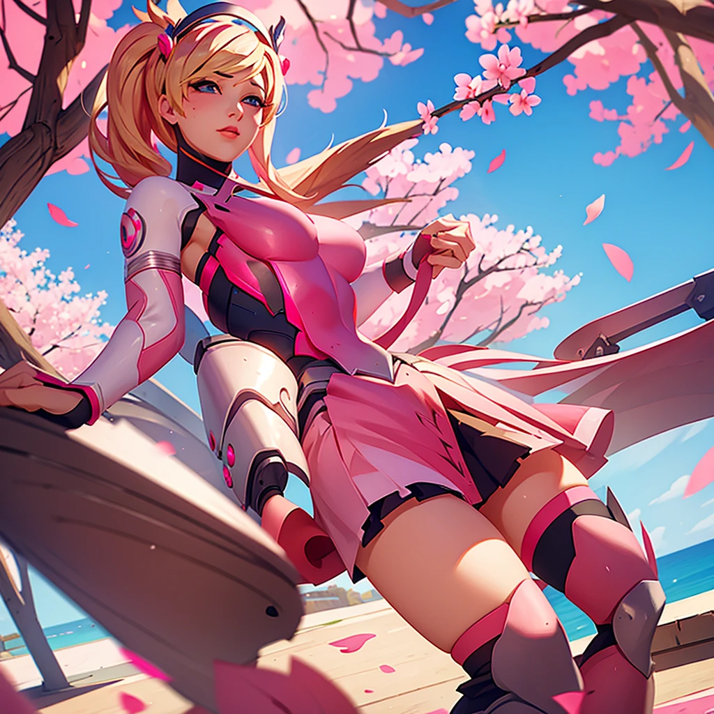 Overwatch Pink Mercy, surrounded by pink cherry blossoms and swirling cherry petals, pink stockings, foreground, sexy, looking to the camera, pink skirt