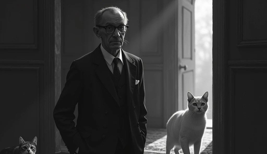 black and white image An elderly man named Edgar Cayce with a serene and contemplative expression, thin. He has short, dark hair, a little gray, no beard and wears a classic 1930s suit, with small, square prescription glasses and a discreet tie. Cayce is standing walking with a cat in a large house with 2 cats. The soft, diffuse lighting highlights his face, conveying an aura of wisdom and introspection. The scene has a nostalgic and mysterious tone, reflecting the enigmatic character