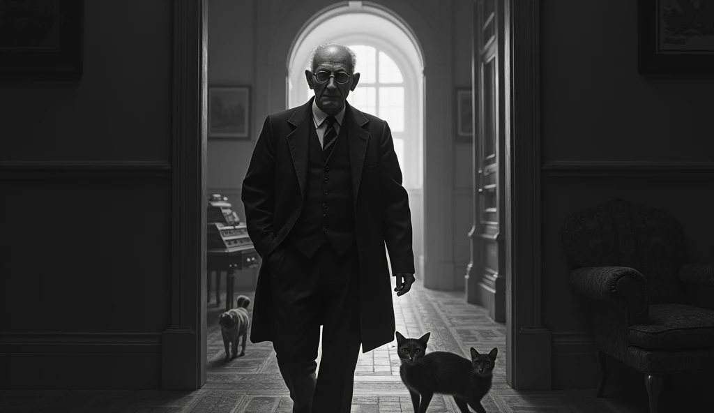 black and white image An elderly man named Edgar Cayce with a serene and contemplative expression, thin. He has short, dark hair, a little gray, no beard and wears a classic 1930s suit, with small, square prescription glasses and a discreet tie. Cayce is standing walking with a cat in a large house with 2 cats. The soft, diffuse lighting highlights his face, conveying an aura of wisdom and introspection. The scene has a nostalgic and mysterious tone, reflecting the enigmatic character