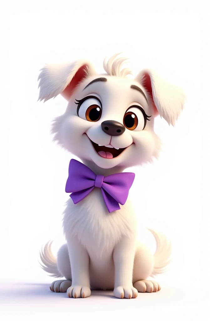 Create a Pixar-like image of a white dog with a purple bow on a white background