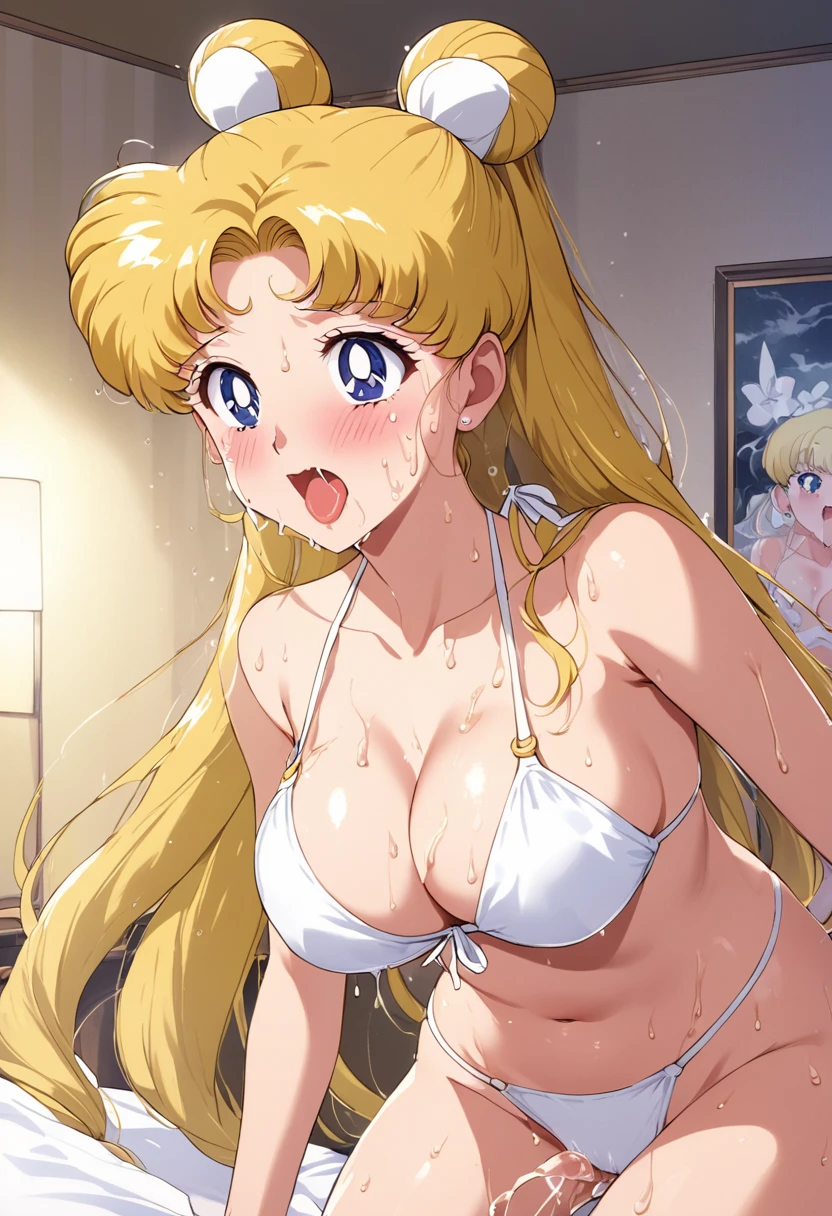 masterpiece, Highest quality, High resolution, (Tsukino Usagi),1990s \(style\),White swimsuit、White Bikini,(D-cup beautiful breasts),tall,Sweating all over the body、vapor、(One Man and One Woman)、((Sex))、penis,Hosomi、(sexy)、(nsfw),A face writhing in pleasure、The whole body is covered in sex fluids、Sweaty、Front composition、Ahegao、Semen splattered on face、Anime-style painting style,Blonde、A composition that focuses on the whole body,The background is a hotel room