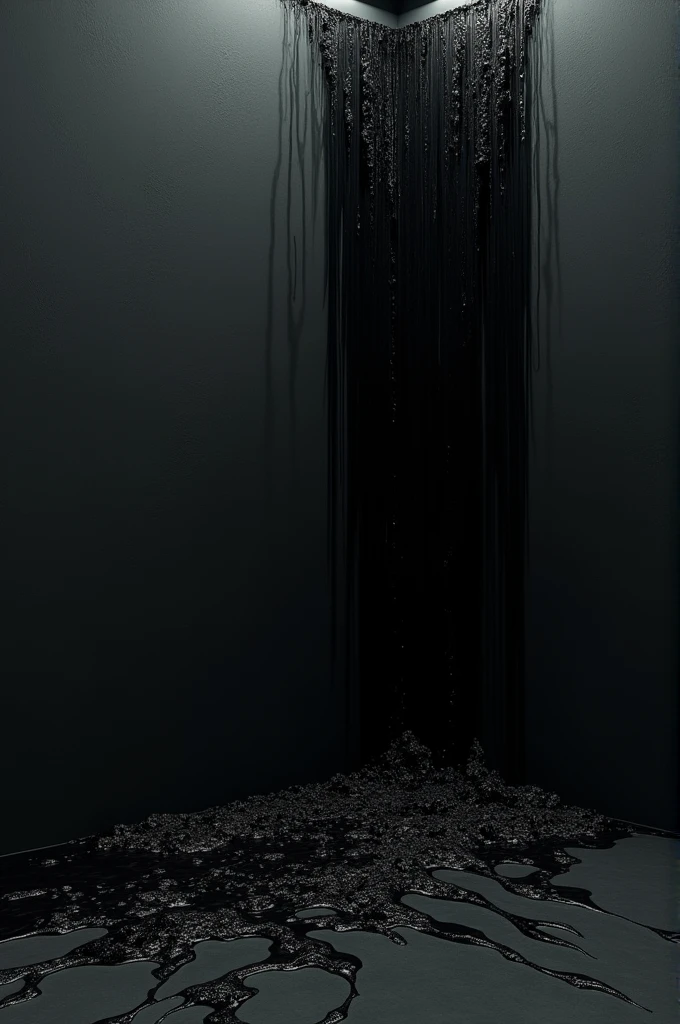 The black wall has black water coming out from the left to the right, flowing down to the floor.