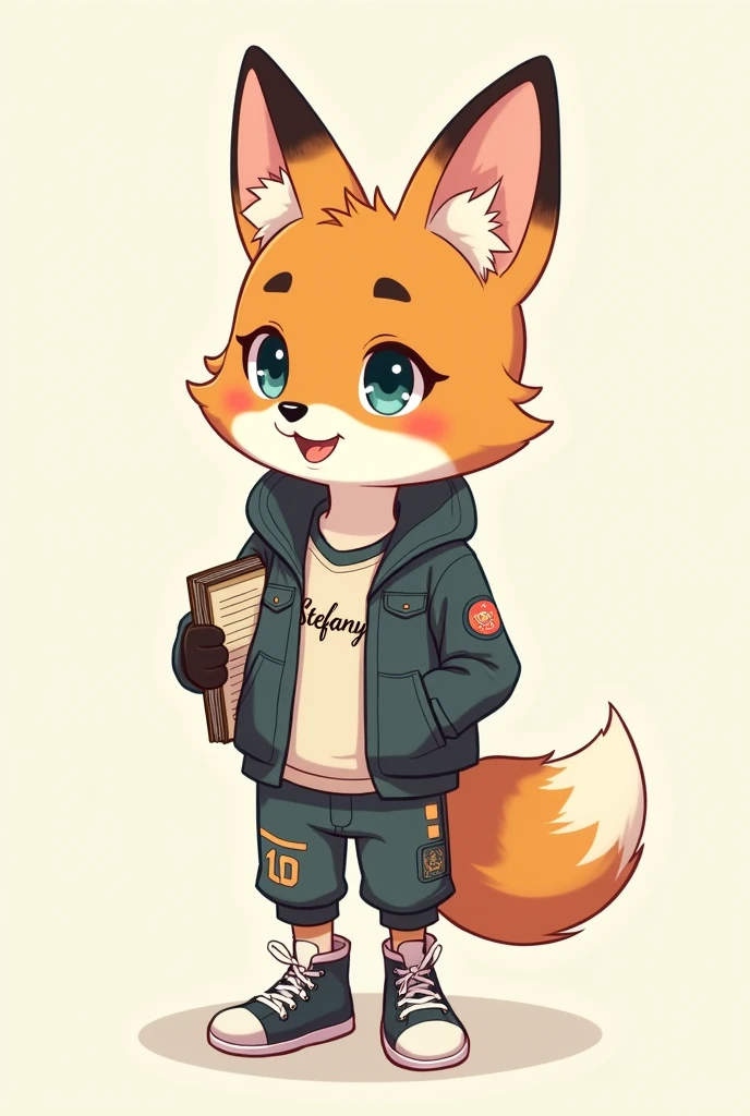 Fox wearing clothes with Stefany printed on them With a notebook in his hand