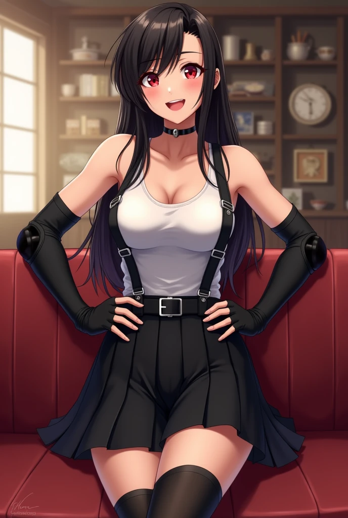 Izayoi Seishin artstyle, (score_9, score_8_up, score_7_up), (best quality, masterpiece),perfect anatomy,(aesthetic,very aesthetic),official style, (ultra-high resolution), 1girl, tifa lockhart, final fantasy,(beautiful woman).tareme, black hair, low-tied long hair, red eyes, bangs, white tank top,gap, belt, pleated skirt, thighhighs, elbow fingerless gloves, elbow pads, midriff, navel,suspender skirt.zettai ryouiki ,(back view),straight-on,(large_breasts:1.2),Solo,mediumshot,looking_at_viewer,contrapposto, vibrant, joyful,cafe and bar, ,Framin,(,tanktop lift), perfect pussy, nude