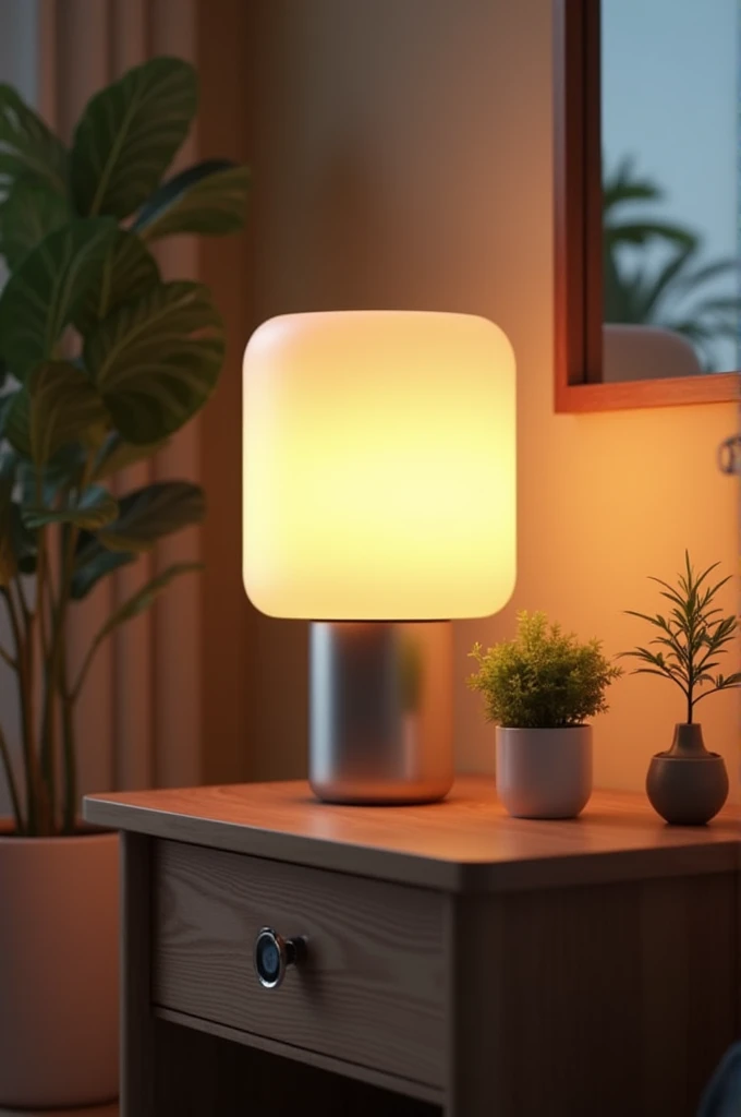 Create a 3d image of table lamp with rgb light small tree plants and background is home 