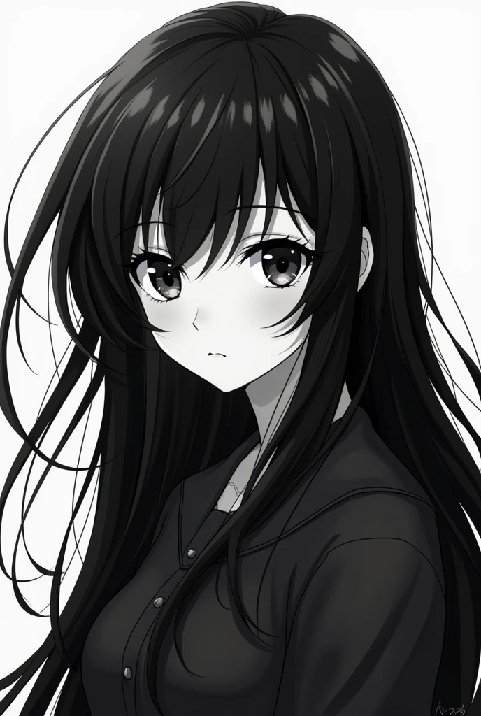 black hair girl, black eyes anime style black and white