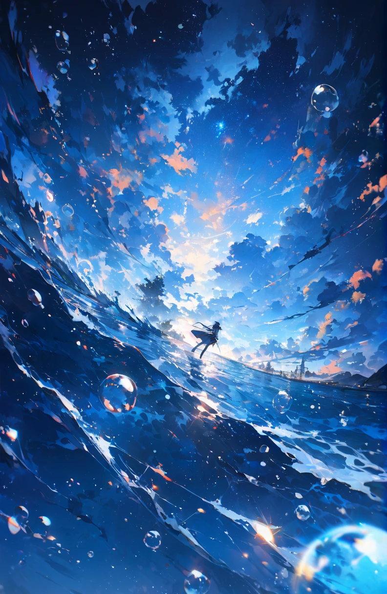 ((Amazingly absurd)),超High resolution, Attention to detail, high quality, High resolution, 最high quality, 4K, 8k、surrounded by bubbles、A world of deep blue、whole, Artwork in Deep Blue Tones、river、water surface、