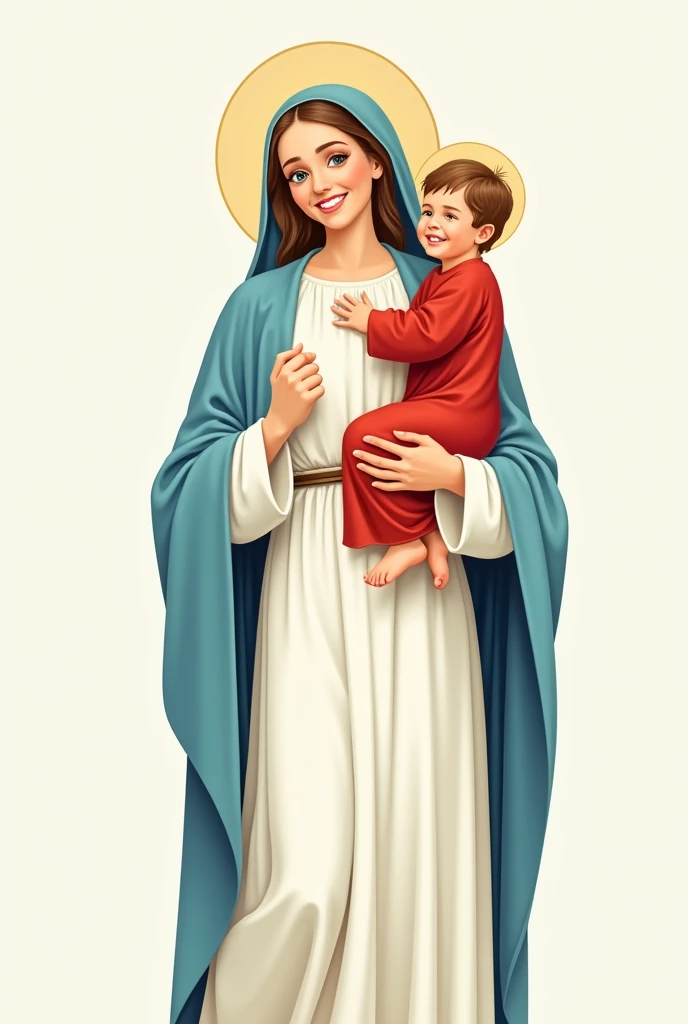 Logo type drawing of the Virgin Mary in a white dress with a sky-blue cloak carrying a baby Jesus in a red dress, both happy