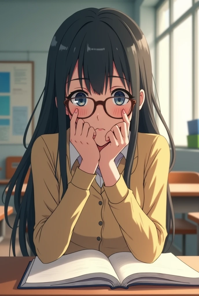“Create an image in the style of Makoto Shinkai of she wants to English skills in the class."